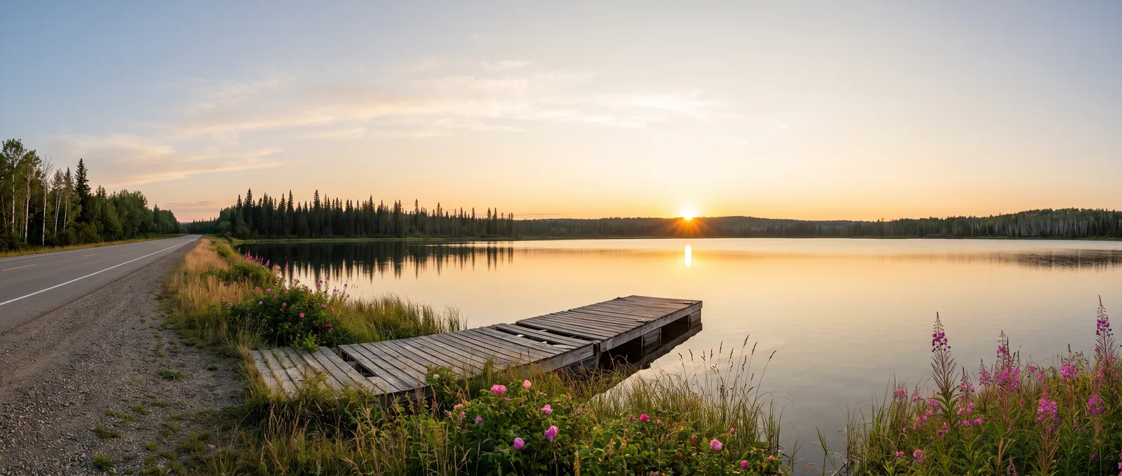 Generated scene: a calm northern lake on a long summer evening, the sun low over a spruce shoreline, a weathered wooden dock and wild roses and fireweed by the road.